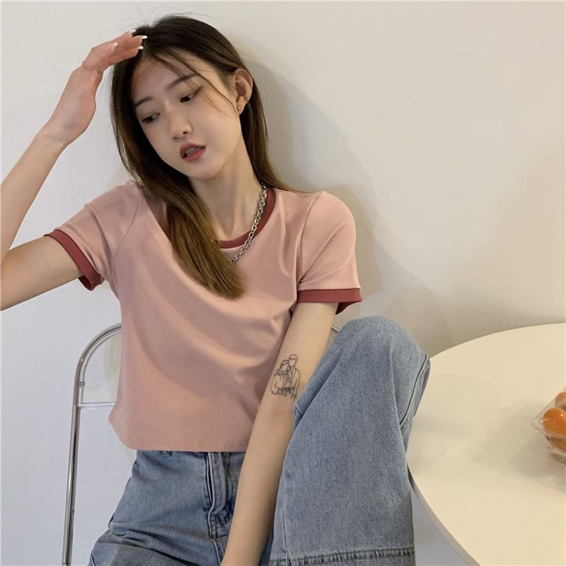 Neck Short-Sleeve Crop Crew T-Shirt Contrast Trim
