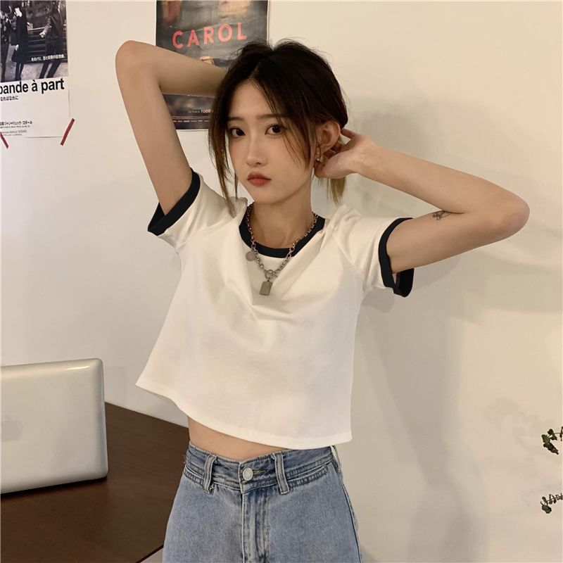 Neck Short-Sleeve Crop Crew T-Shirt Contrast Trim