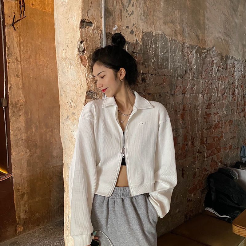 Crop Collared Plain Jacket Zip-Up Waffle Applique