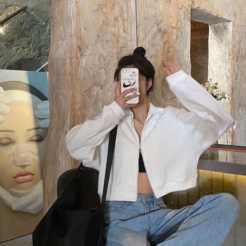 Crop Collared Plain Jacket Zip-Up Waffle Applique