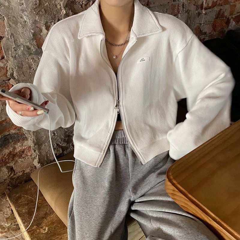 Crop Collared Plain Jacket Zip-Up Waffle Applique
