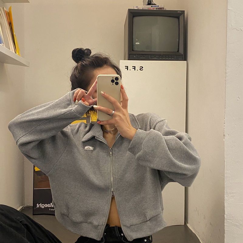 Crop Collared Plain Jacket Zip-Up Waffle Applique