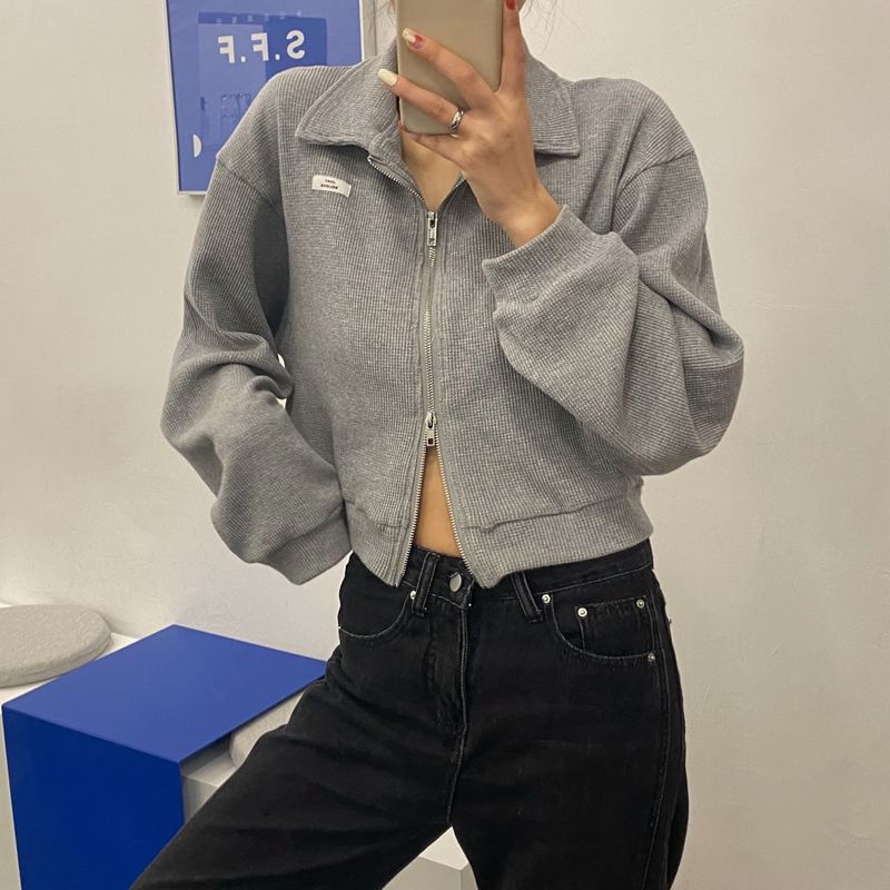Crop Collared Plain Jacket Zip-Up Waffle Applique