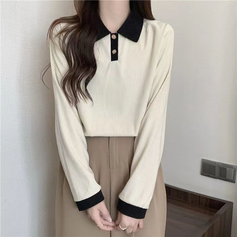 Shirt Contrast Long-Sleeve Trim Polo Ribbed