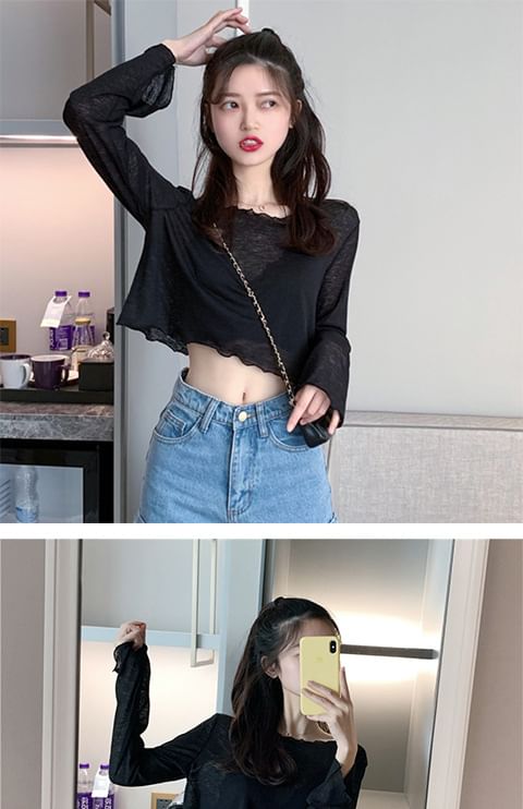 Plain Crop Long-Sleeve Off-Shoulder T-Shirt Sheer