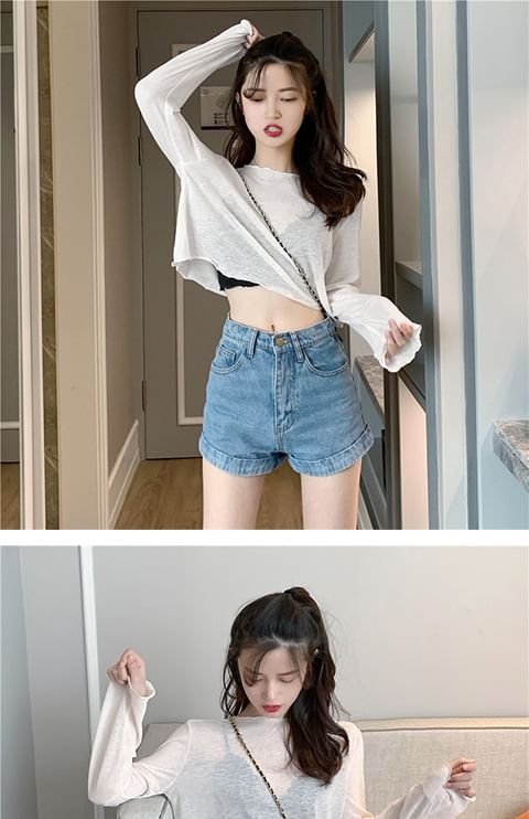 Plain Crop Long-Sleeve Off-Shoulder T-Shirt Sheer