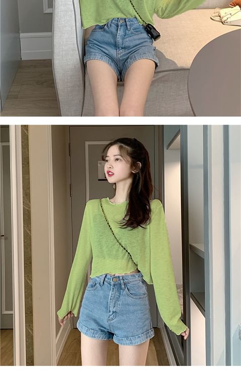 Plain Crop Long-Sleeve Off-Shoulder T-Shirt Sheer