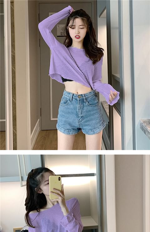 Plain Crop Long-Sleeve Off-Shoulder T-Shirt Sheer