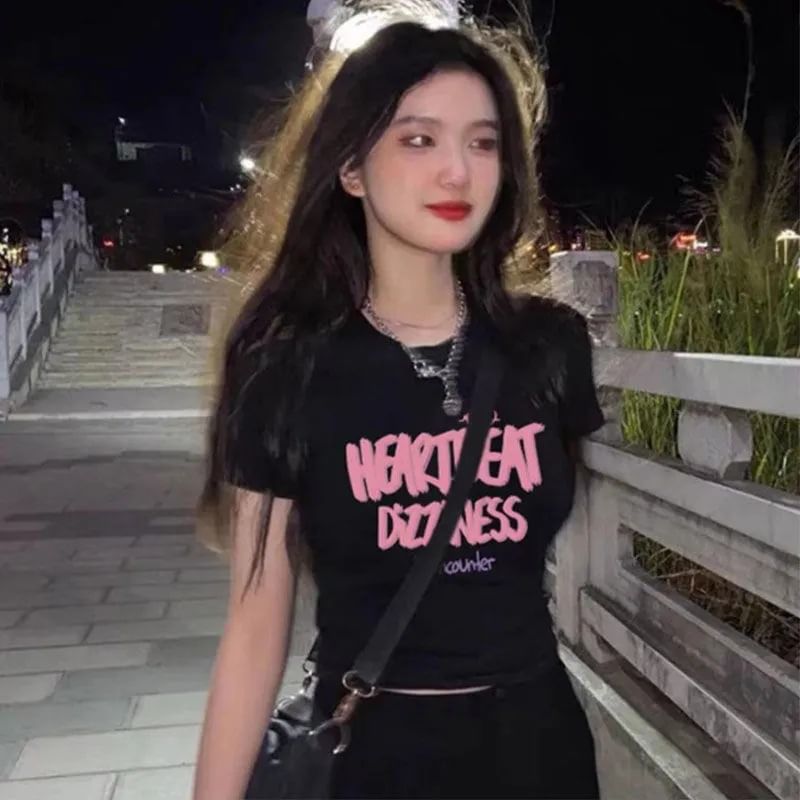 Lettering T-Shirt Crop Print Neck Crew Short-Sleeve