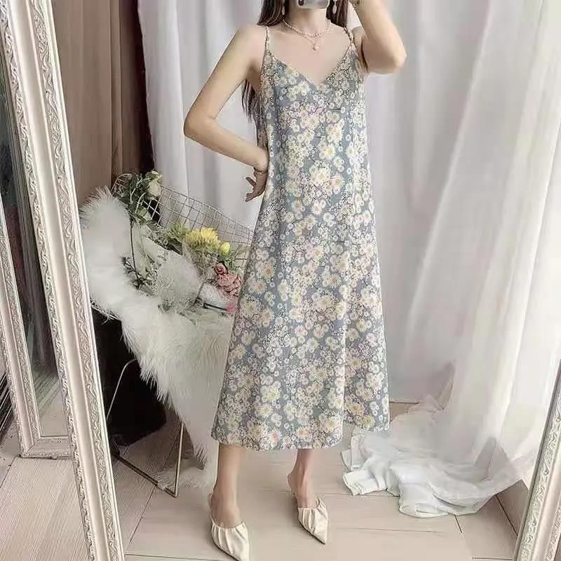 V-Neck Floral Midi Dress Strap Shift Spaghetti Print
