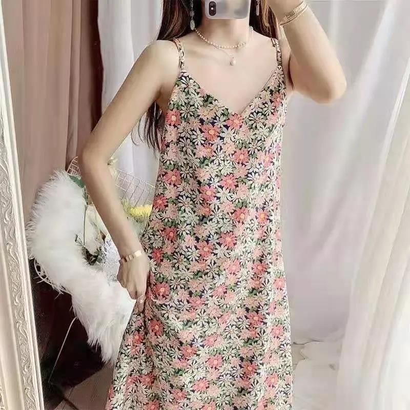 V-Neck Floral Midi Dress Strap Shift Spaghetti Print