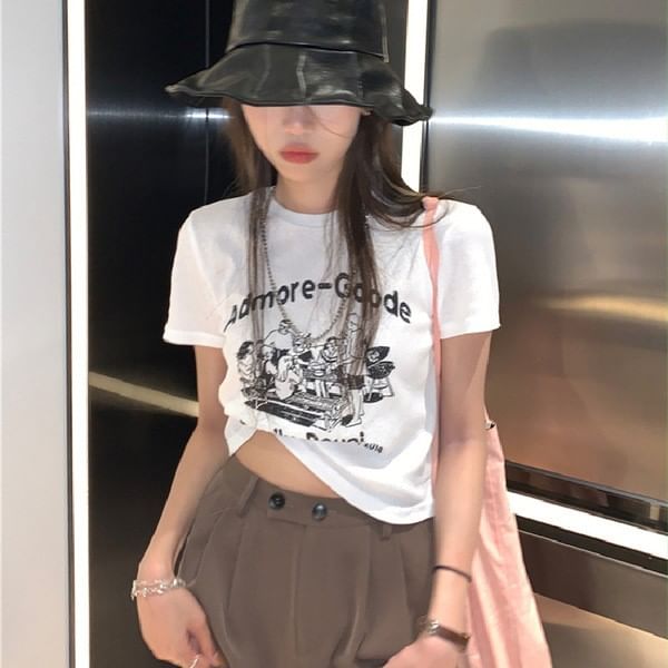 Lettering Crop T-Shirt Neck Crew Short-Sleeve Print