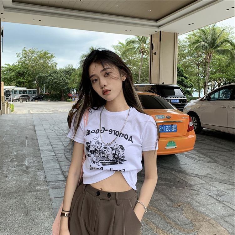 Lettering Crop T-Shirt Neck Crew Short-Sleeve Print