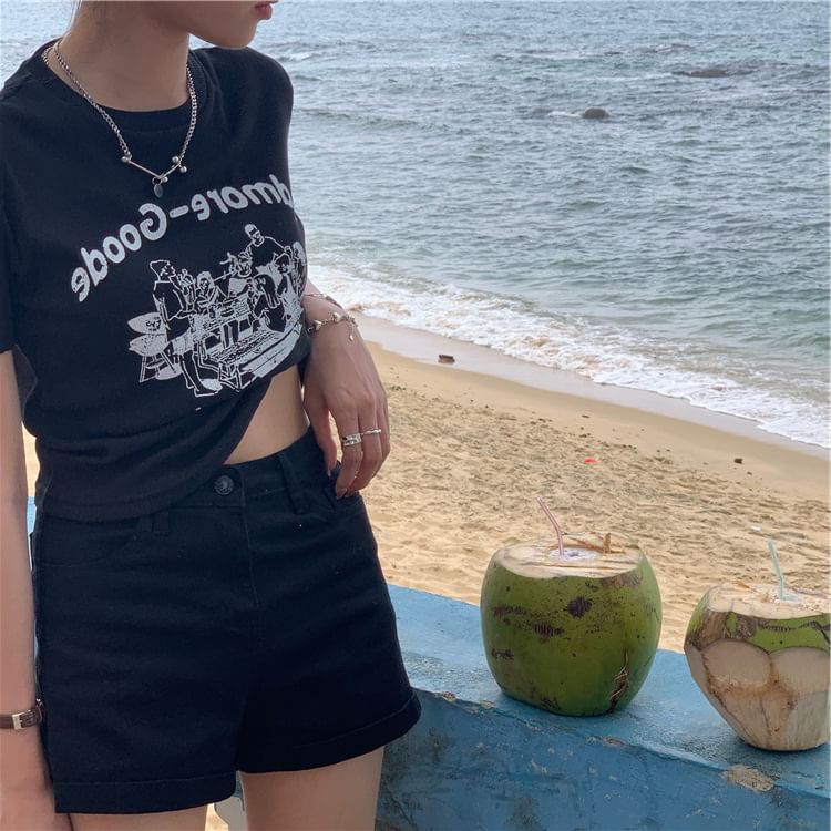 Lettering Crop T-Shirt Neck Crew Short-Sleeve Print