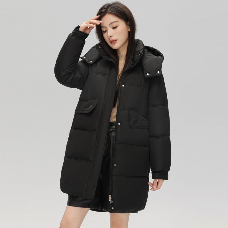 Hooded Zip-Up Padded Long Coat