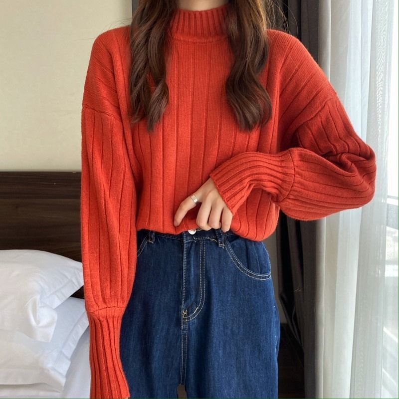 Ribbed Neck Sweater Mock Plain