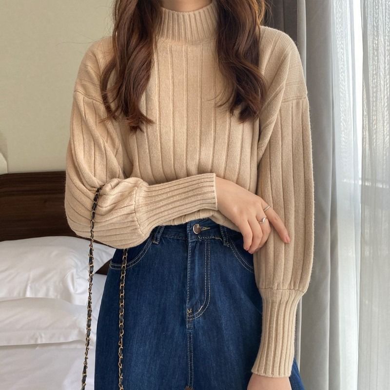 Ribbed Neck Sweater Mock Plain