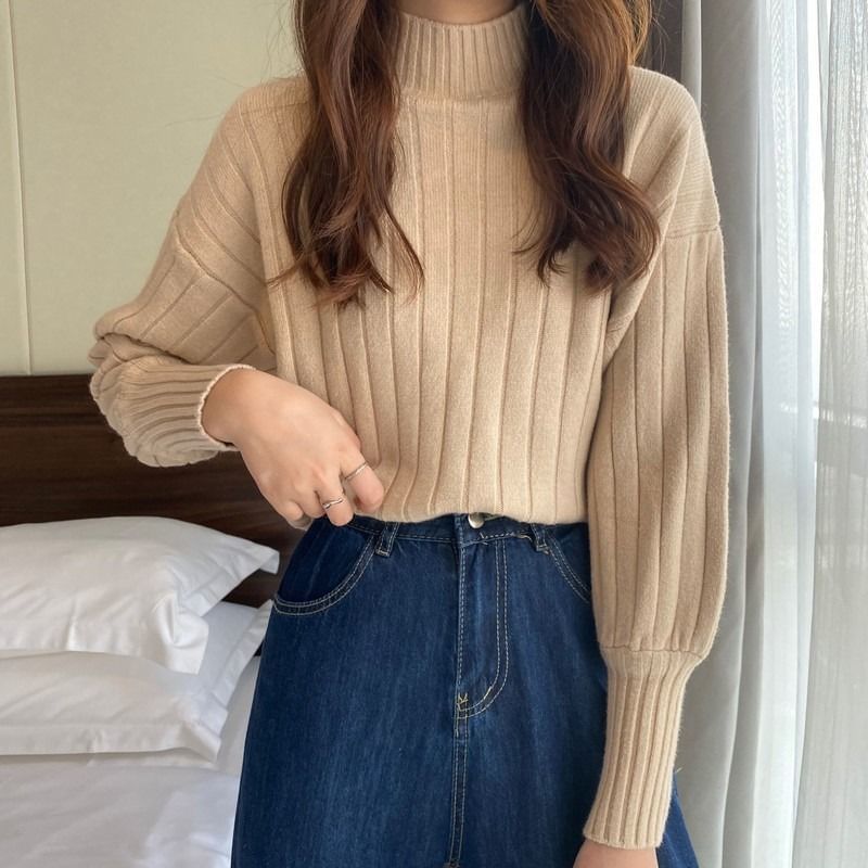 Ribbed Neck Sweater Mock Plain