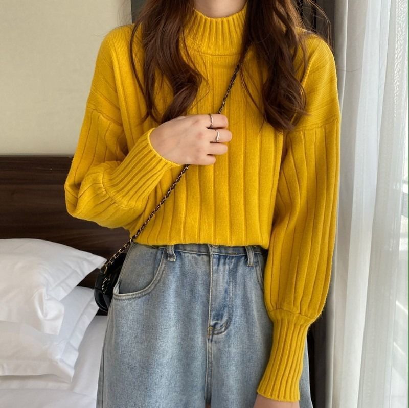 Ribbed Neck Sweater Mock Plain