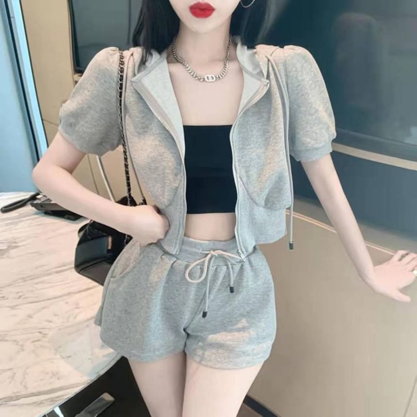 Plain Set: Short-Sleeve Hoodie Drawstring Shorts Zip Sweat + Waist
