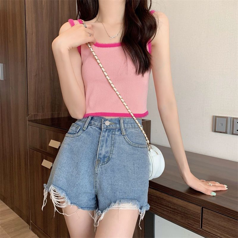 Top Neck Trim Scoop Contrast Crop Knit