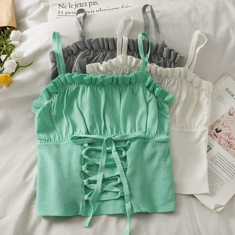 Ruched Plain Up Top Camisole Lace Crop