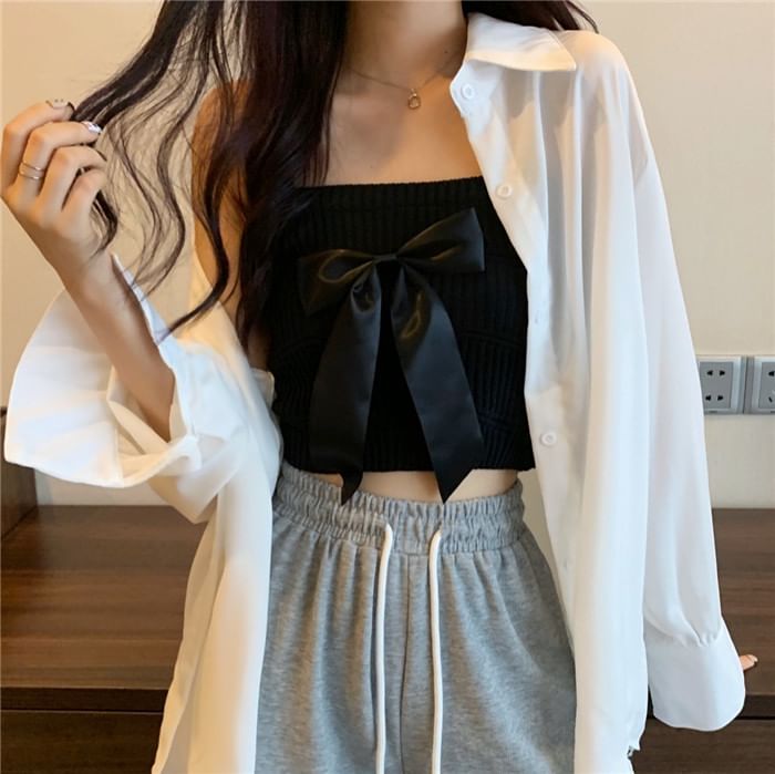 Bow Plain Top Knit Camisole Ribbed