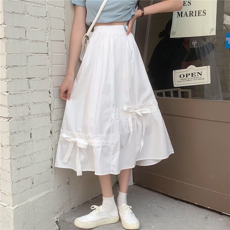 Elastic Plain A-Line Waist Midi Skirt Panel Bow