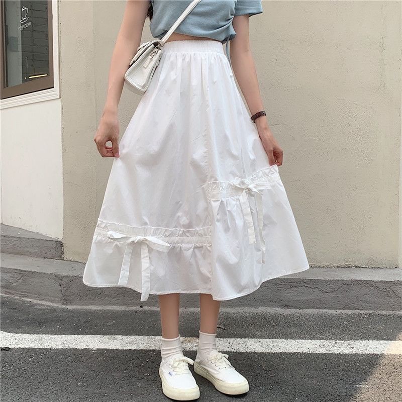 Elastic Plain A-Line Waist Midi Skirt Panel Bow
