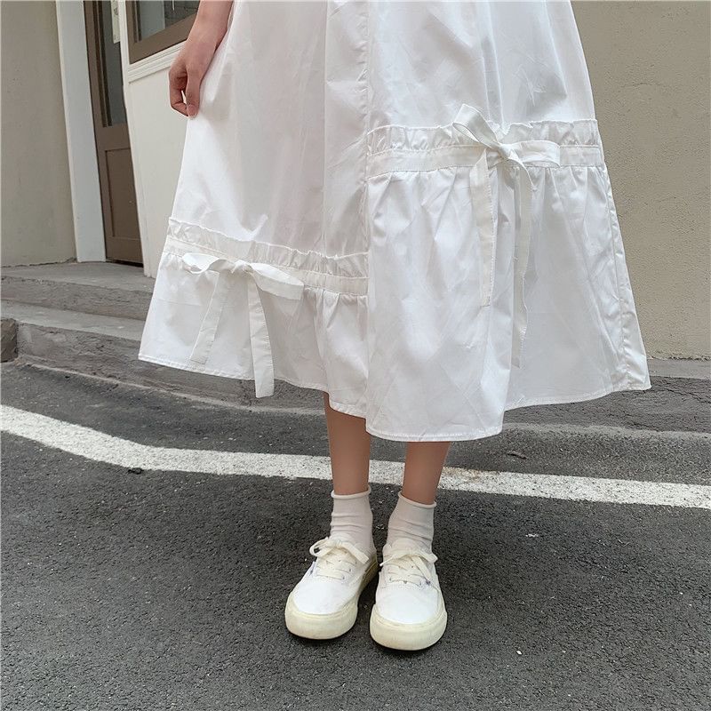 Elastic Plain A-Line Waist Midi Skirt Panel Bow