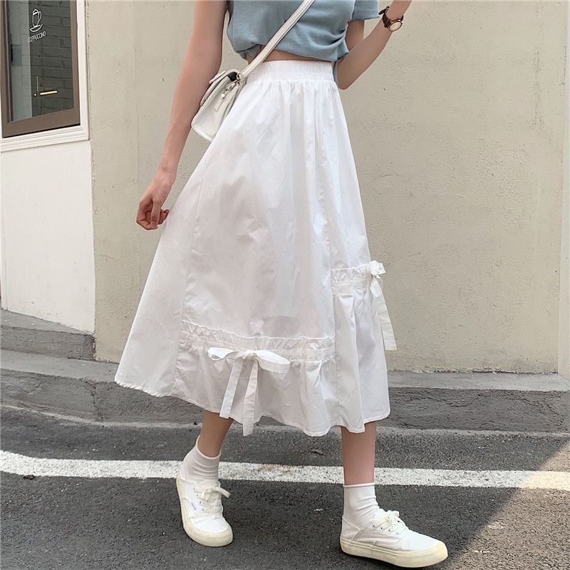 Elastic Plain A-Line Waist Midi Skirt Panel Bow