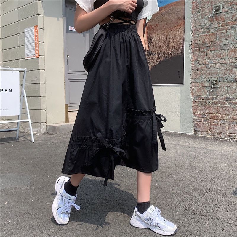 Elastic Plain A-Line Waist Midi Skirt Panel Bow