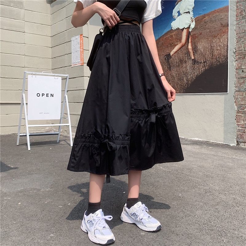 Elastic Plain A-Line Waist Midi Skirt Panel Bow