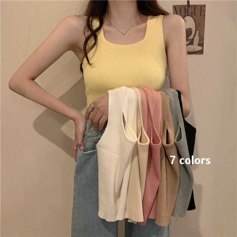 Top Square Ribbed Plain Knit Tank Neck