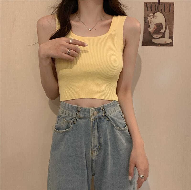 Top Square Ribbed Plain Knit Tank Neck