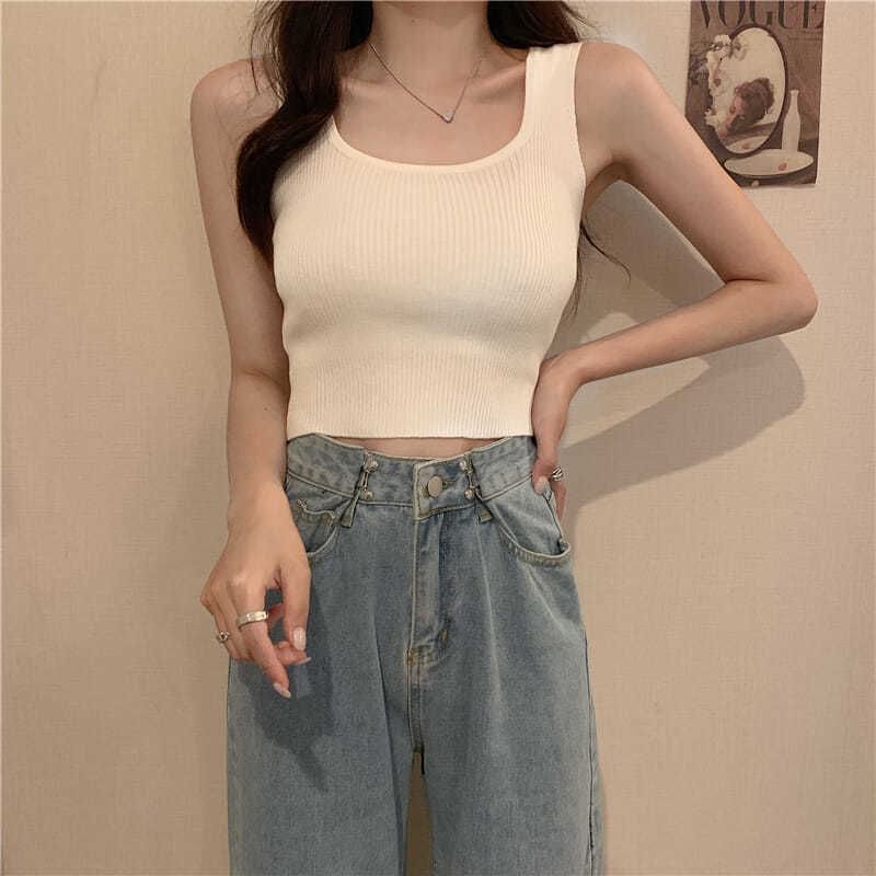 Top Square Ribbed Plain Knit Tank Neck