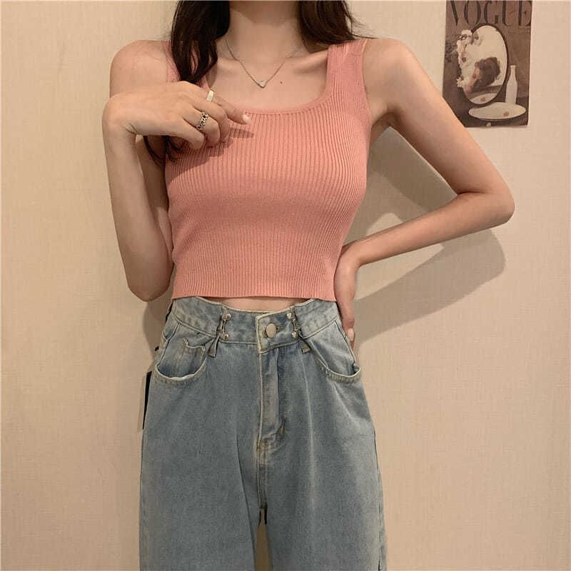 Top Square Ribbed Plain Knit Tank Neck