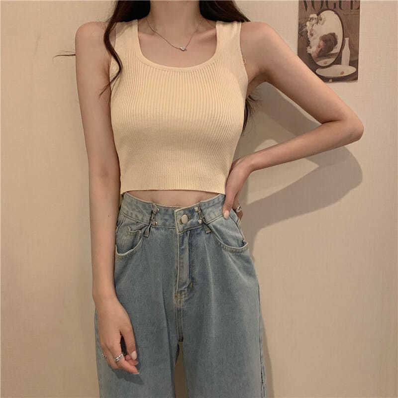 Top Square Ribbed Plain Knit Tank Neck