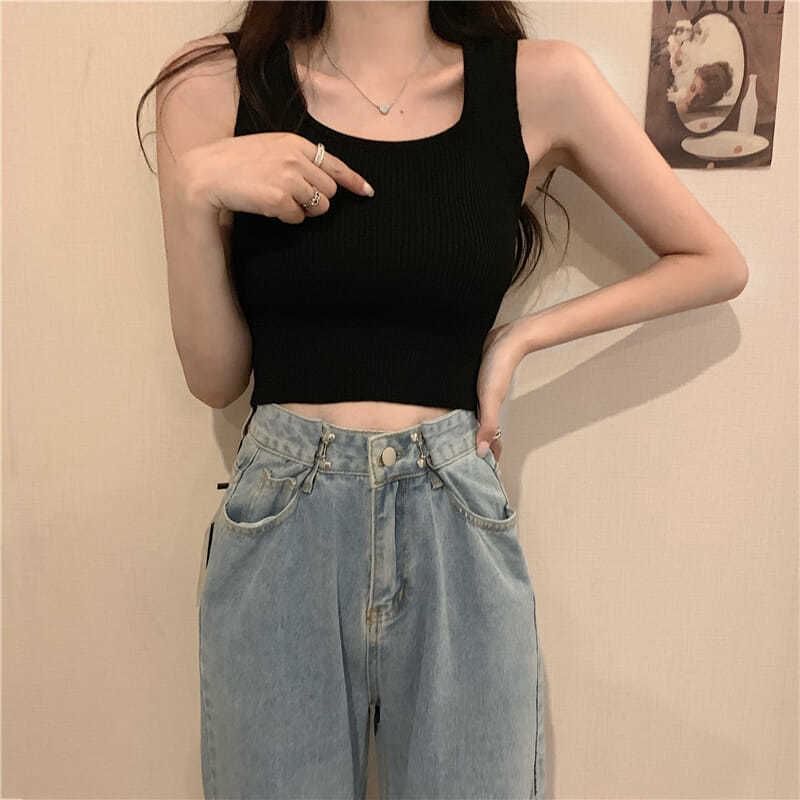 Top Square Ribbed Plain Knit Tank Neck