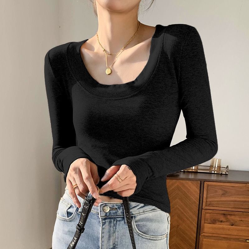 Neck Long-Sleeve Plain T-Shirt Scoop