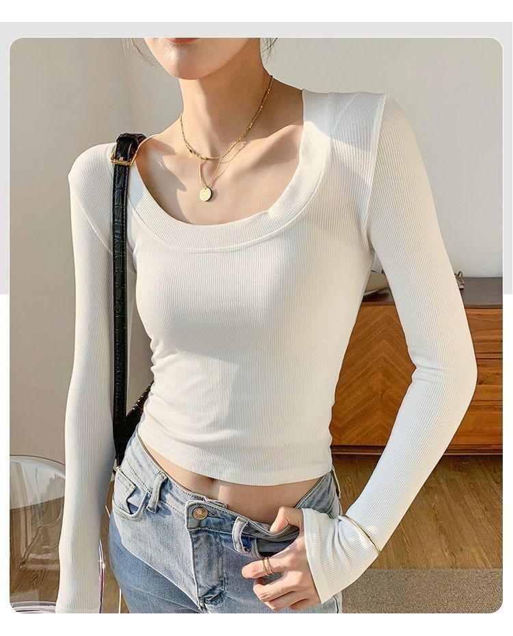Neck Long-Sleeve Plain T-Shirt Scoop