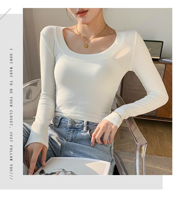 Neck Long-Sleeve Plain T-Shirt Scoop