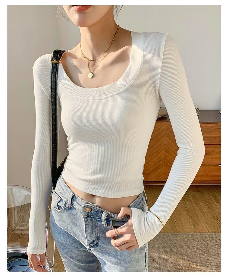 Neck Long-Sleeve Plain T-Shirt Scoop