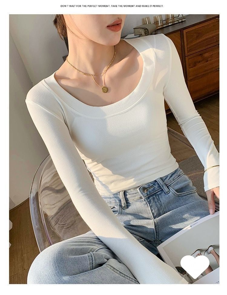 Neck Long-Sleeve Plain T-Shirt Scoop