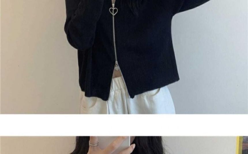 Collared Zip Plain Cardigan