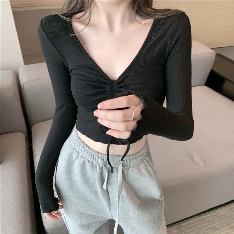 Crop Drawstring T-Shirt V-Neck Long-Sleeve Plain