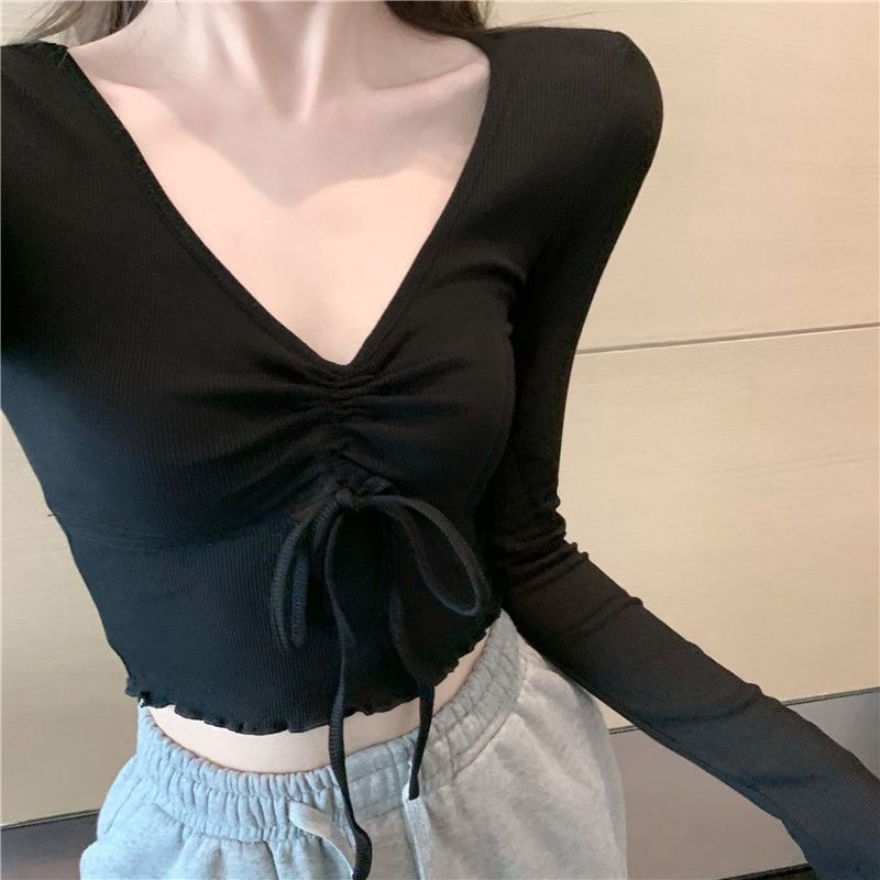 Crop Drawstring T-Shirt V-Neck Long-Sleeve Plain