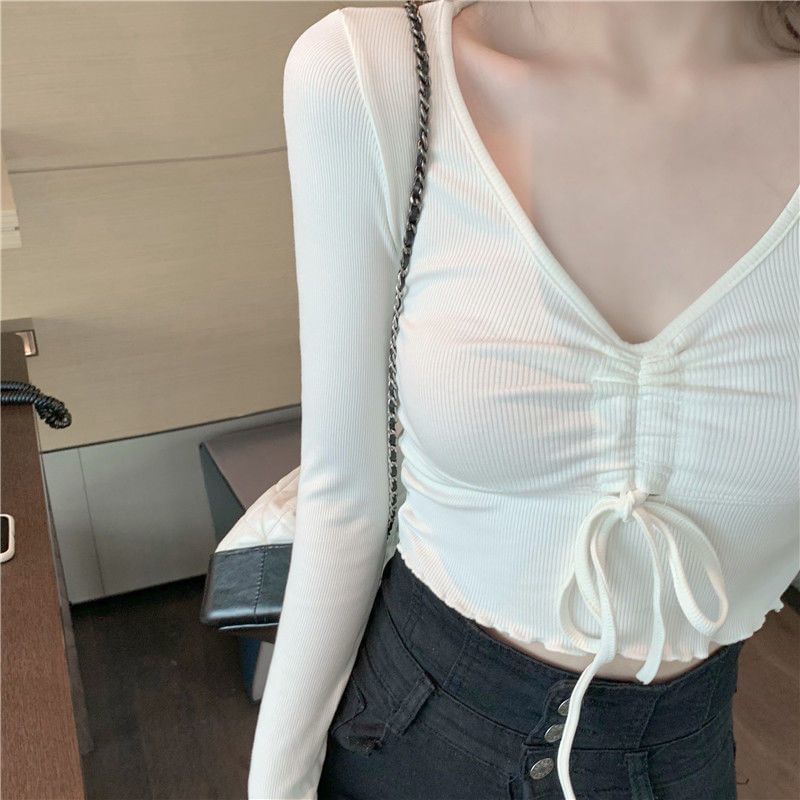Crop Drawstring T-Shirt V-Neck Long-Sleeve Plain