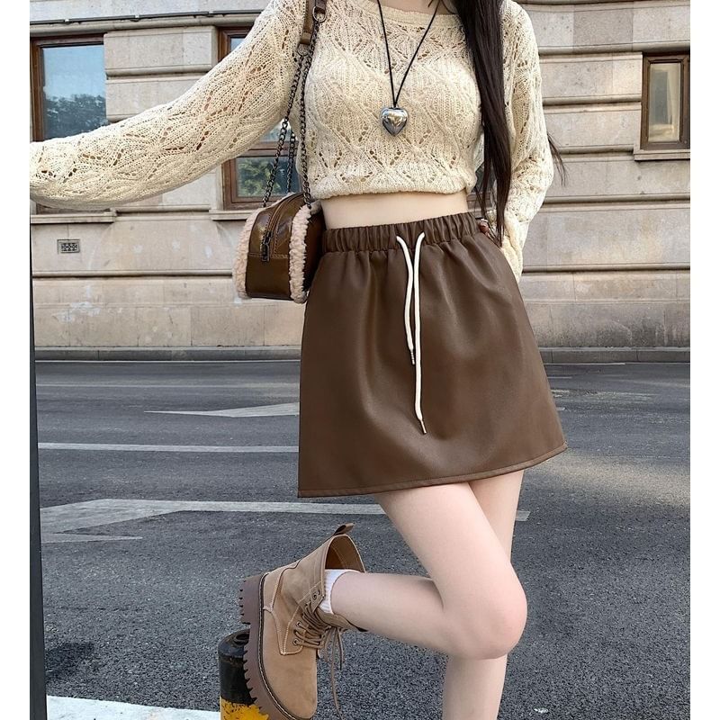 Mini A-Line Skirt Waist Plain Leather Faux Drawstring