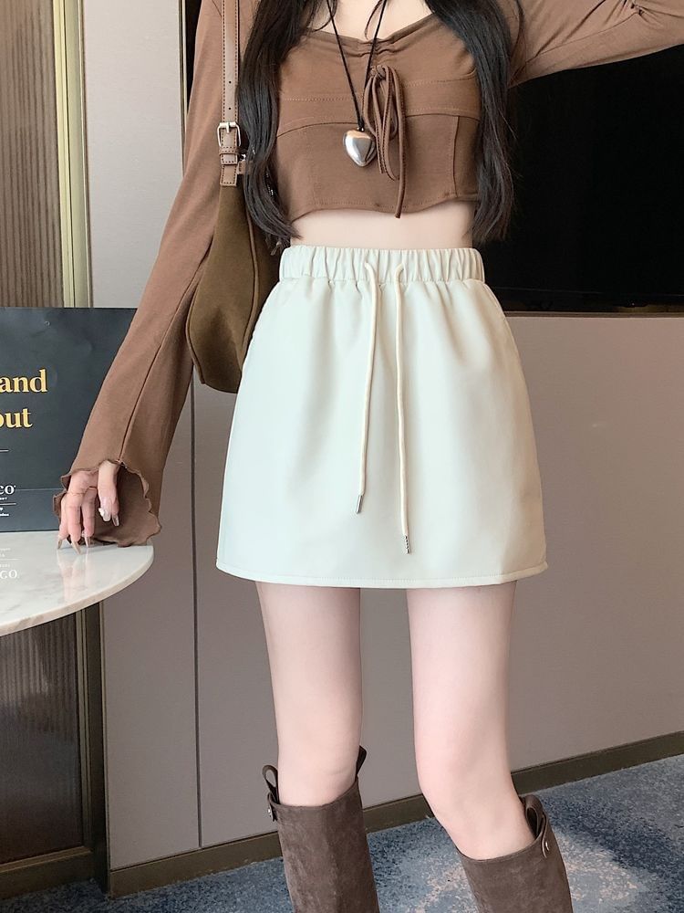 Mini A-Line Skirt Waist Plain Leather Faux Drawstring